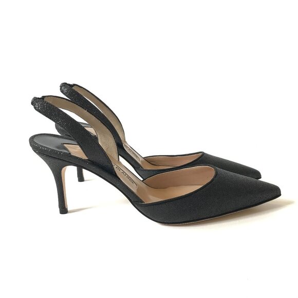 NIB NEW Manolo Blahnik Carolyne 70 Glitter Shoes Womens 37.5 Black Slingback 7.5 - Picture 1 of 14
